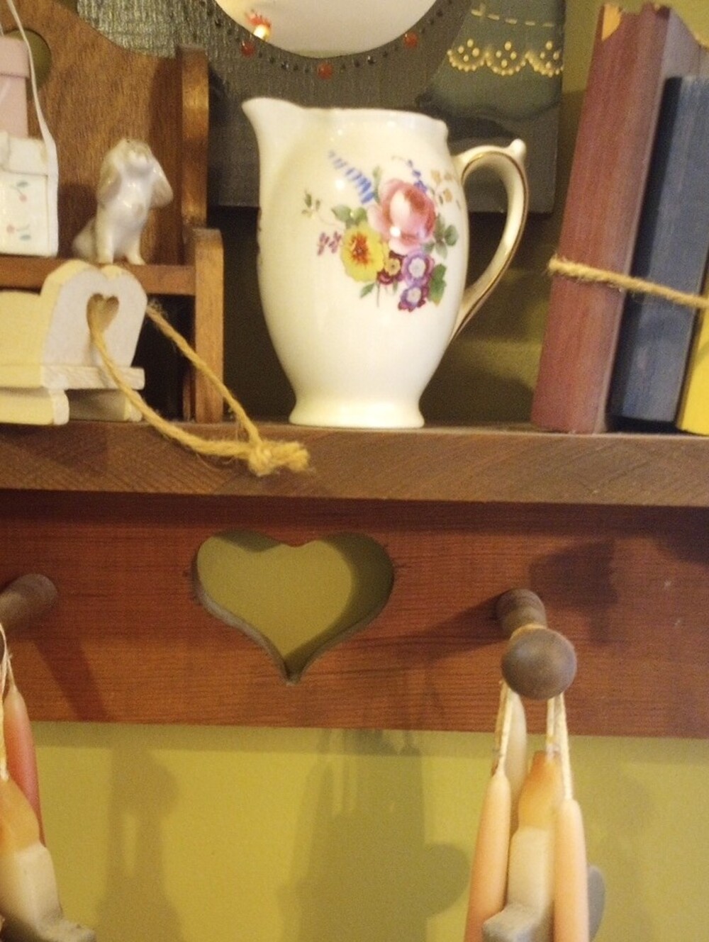 Hand-Painted Folk Art Wall Mirror Shelf — Olive Green & Mustard Accents - Picture 2 of 4